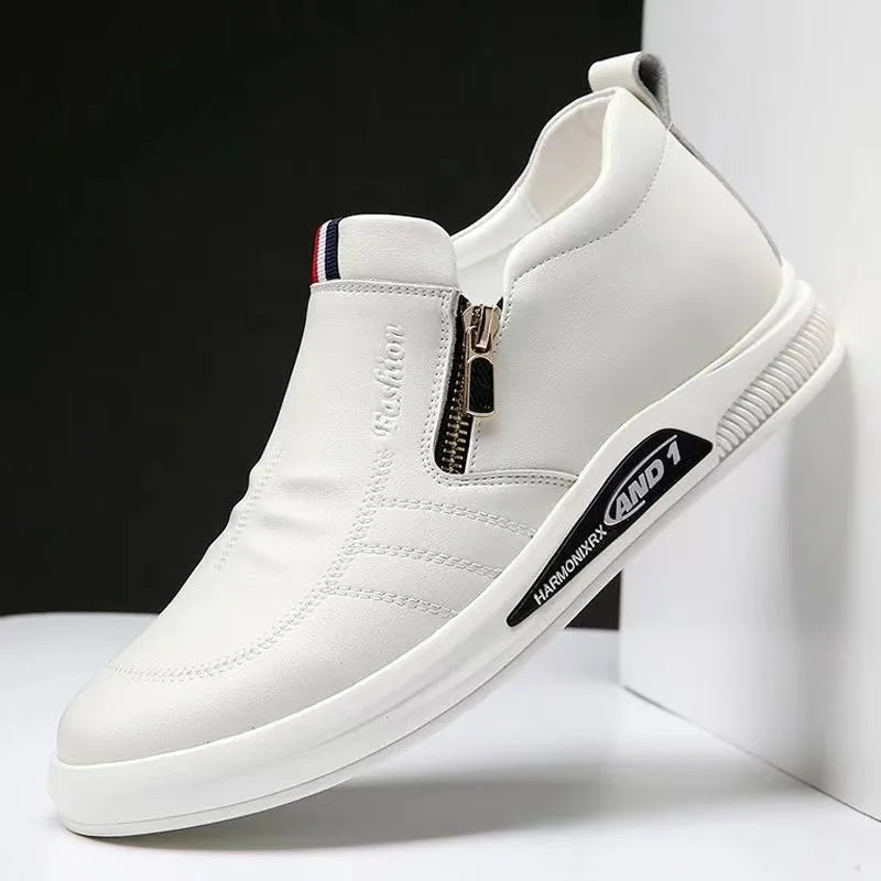 Men's Shoes White Leather Casual Shoes Luxury Brand Sneakers Man Comfortable Business Moccasins Zip Mens Loafers Zapatos Hombre