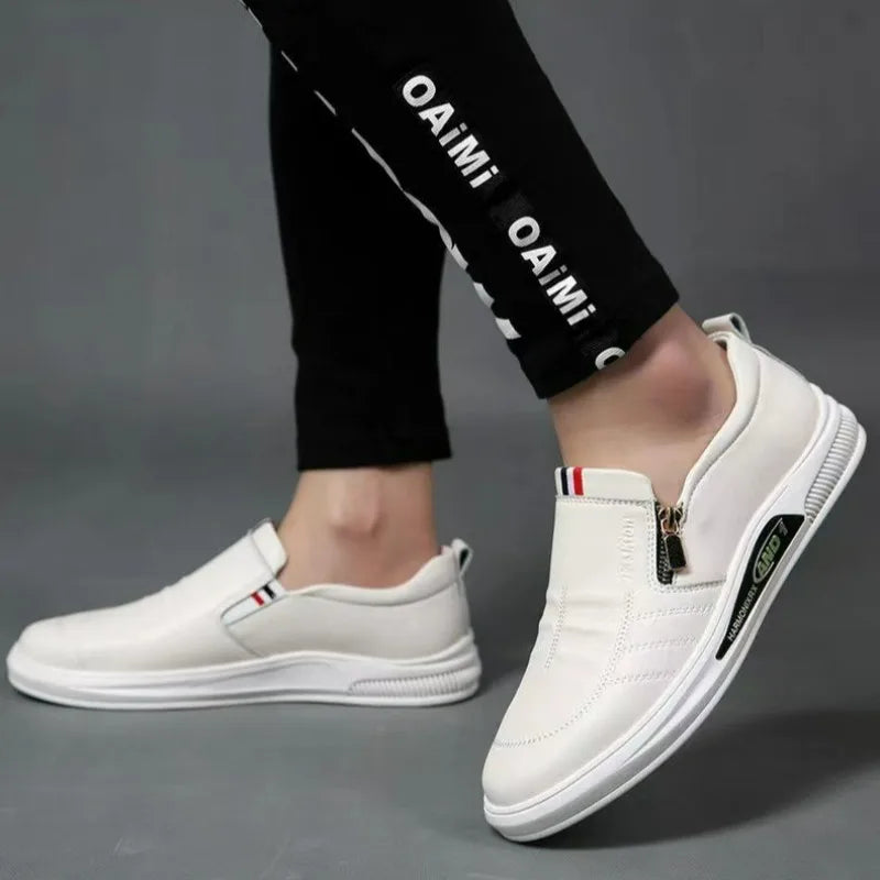 Men's Shoes White Leather Casual Shoes Luxury Brand Sneakers Man Comfortable Business Moccasins Zip Mens Loafers Zapatos Hombre