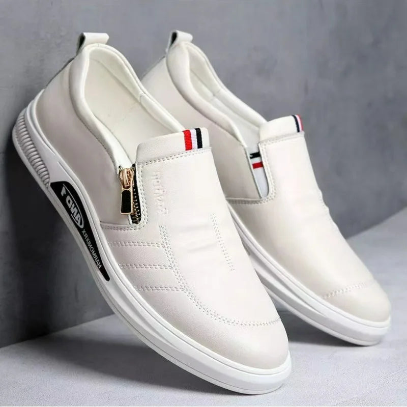 Men's Shoes White Leather Casual Shoes Luxury Brand Sneakers Man Comfortable Business Moccasins Zip Mens Loafers Zapatos Hombre