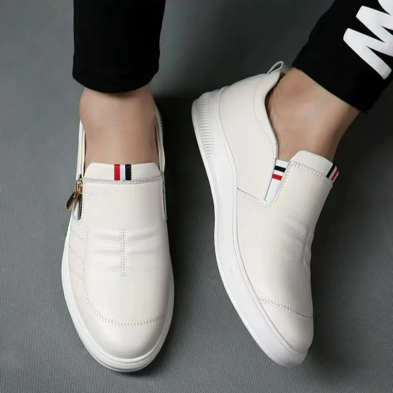 Men's Shoes White Leather Casual Shoes Luxury Brand Sneakers Man Comfortable Business Moccasins Zip Mens Loafers Zapatos Hombre
