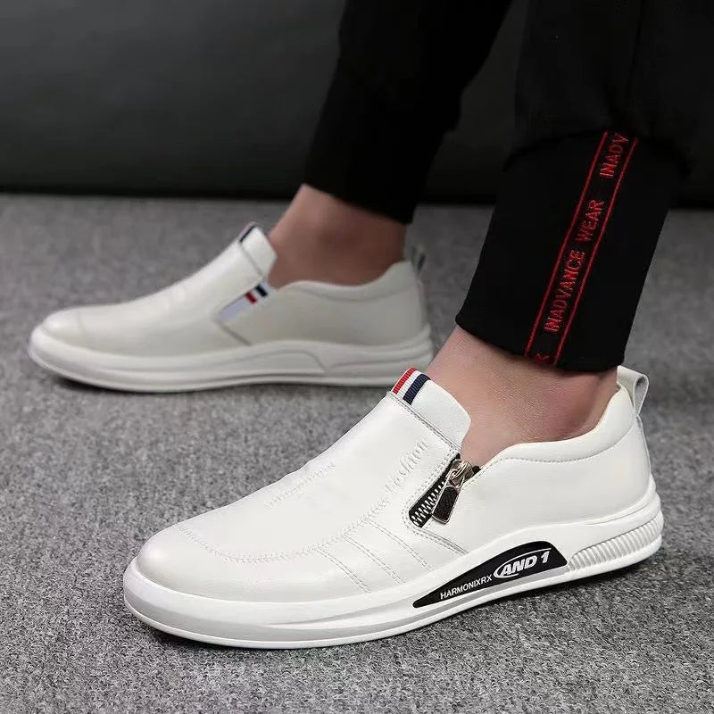 Men's Shoes White Leather Casual Shoes Luxury Brand Sneakers Man Comfortable Business Moccasins Zip Mens Loafers Zapatos Hombre